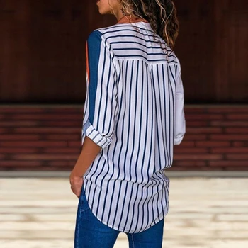 Ženske Prugasta Bluzo River Proti-vrat Dolg Rokav Mozaik Bluzo Priložnostne Majice, Vrhovi Šifon Majica Plus Velikost Blusas