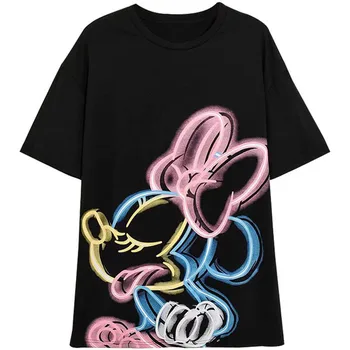 Disney T-Shirt Mickey Mouse Daisy Raca Risanka Tiskanja Ženske Bombaža T-Shirt Kratek Rokav Ulične O-Vratu Puloverju Svoboden Tee Vrhovi