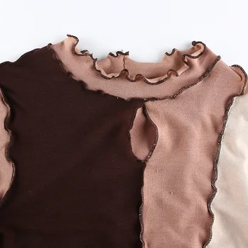 Jeseni leta 2020 Ženske Obleke Crop Tops Lesene Uho Šivanje Kontrast Barve Seksi Votlih Popka Izpostavljeni T-shirt