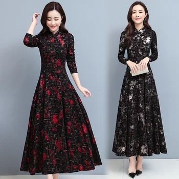2020 Kitajski Slog Cheongsam Jeseni Obleko Plus Velikost Letnik Plesti Bombaž Dolg Rokav Midi Obleke, Ženske Stranka Black Maxi Vestidos