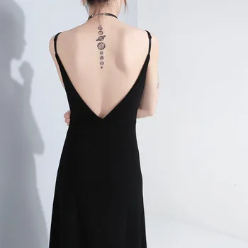 [EAM] Žensk Black Vent Asimetrični Dolgo Špageti Trak Novo Obleko brez Rokavov Ohlapno Fit Moda Plima Pomlad Jesen 2021 1H114