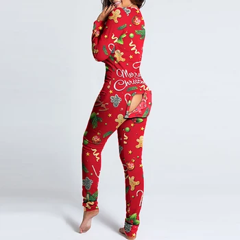 2021 Ženske Božič Onesies - Čelno Loputo Za Odrasle Seksi Sleepwear Romper Žensk Odprite Rit Pižamo Božič Pyjama Dolgo Spavaćica