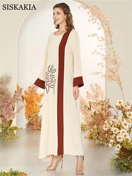 Siskakia Etnične Vezenje arabski Obleko za Ženske Kontrast Barve Mozaik Plus Velikost O Vratu Dolg Rokav Muslimanski Turčiji Oblačila