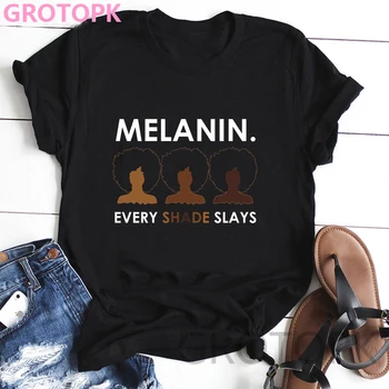 Melanin Poppin Harajuku Black Magic Girl T-shirt Gothic Letnik Ženske T-shirt Smešno Črno Dekle Tiskanja korejski Slog Top Ženski