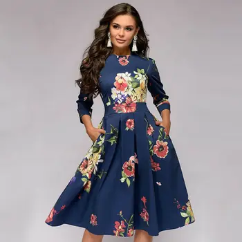 Tričetrt Rokav Jeseni, Pozimi Obleko 2019 Ženske Robom Cvetlični Obleke Svoboden Priložnostne O-izrez Obleke Cvet Tiskanja Ženska Obleka