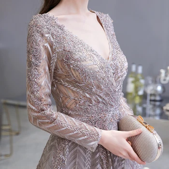 Dubaj Luksuzni Dolg Rokav Večerno Obleko 2020 Krasen Proti-Vrat Čipke Naguban Beaded Kristalno Seksi Formalnih Obleke