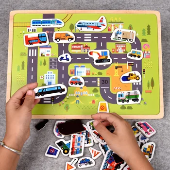 Izobraževanje v zgodnjem Otroštvu Magnetne Puzzle Igrače Otrok Lesene Igrače za Otroke, 3D Puzzle Živali Traffic Scene Pametno Igro Igrača Darilo