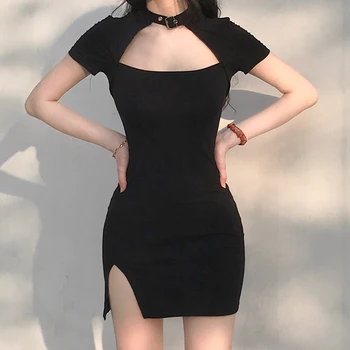 Darlingaga Gothic Choker Povodcem Bodycon Črna Obleka Ženska Trdna Izrežemo Moda Poletni Obleki Mini Strani Split Sundress Vestidos