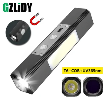 Multifunkcijski T6 LED Svetilko 365NM UV Svetilko Super Svetla Nepremočljiva COB Kamp Svetilka Magnet Design USB Polnilna Svetilka