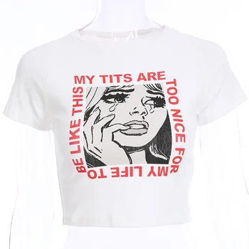 Športna Moda Kawaii Risanka T-shirt Ženska Bodycon Suh Odrezana Vrhovi Tee Tiskanja Kratek Tshirt Ženske O-vratu Bel Bombaž Vrh