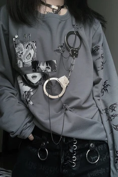 Prvotni Načrt Punk Gothic Metal Svoboden Mid-Dolžina Puloverju Natisnjeni tanke dolg rokav japonska velika sweatshirts plus velikost siva