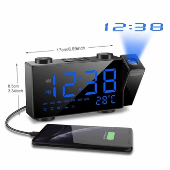 Digitalni Projekcijski Budilka 2 Alarm Zatemniti Ura FM Radio Termometer Polnjenje prek kabla USB Vrata Vreme Koledarski Čas Projekcija