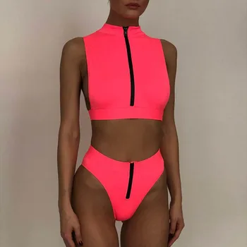 Neon Barve, Kopalke Ženske, Visoka Vitka Bikini Komplet Izruga Vratu Kopalke Dva Kosa Kopalke Zadrgo Enotno Bikini Plavky Bather