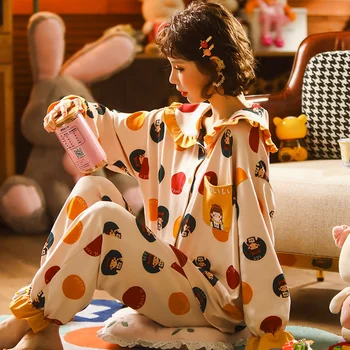 Pozimi, Jeseni mehko pajama določa ženske bombaž sleepwear dolg rokav Pyjama Srčkan Risanka sleepwear pižame Nightsuits