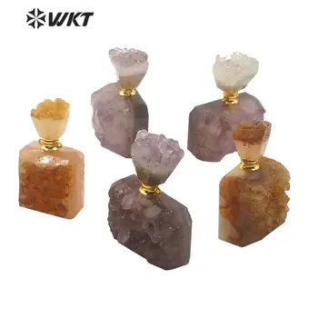 WT-P1510 Vroče krasen druzy a methyst in rumena quartz kamen stekleničke parfuma obesek, naravni kamen stekleničke parfuma obesek