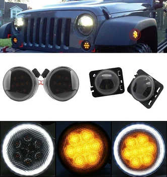 4Pcs Led Vključite Signal+ Strani Marker Fender Luči Drl Bela Obroba Prekajene Objektiv za Jeep Wrangler Jk 2007-2017