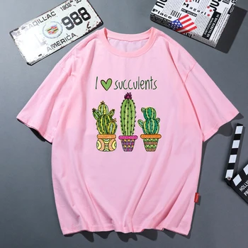 Ljubim Succulents Grafični Tshirts Ženske Srčkan Kaktus Print Majica S Kratkimi Rokavi Camisetas Mujer Harajuku Kawaii Oblačila Modi Ženska T-Shirt Majica