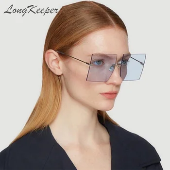 LongKeeper Prevelik Rimless Kvadratnih sončna Očala Ženske Letnik Trendovska sončna Očala Seksi Dame Čaj Rjave Leče UV400 oculos feminino