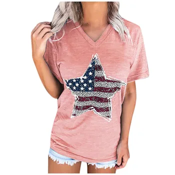 Moda za Ženske Priložnostne Star Natisni T-Shirt Pentagram ZDA je Dan Neodvisnosti Element Tiskanja Vrhovi Proti-Vrat Kratek Rokav Svoboden tshirt ženske