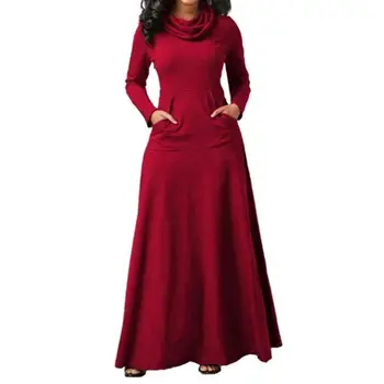Vroče Plus Velikost oblačila Obleko Jeseni, Pozimi Ženske Barva Okrov za usmerjanje Vratu z Dolgimi Rokavi Elegantno Obleko Maxi z Žepi