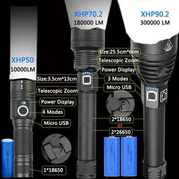 10000LM LED Svetilka XHP90.2 Močan Baklo USB Polnilne Taktično Lamp18650 Baterije XHP70