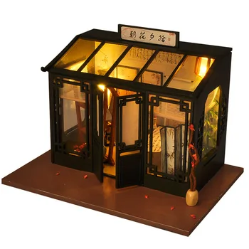 Lutka Hiša Pohištvo Diy Miniaturni Prahu Kritje 3D Lesene Miniaturas Retro trgovina Lutke Igrače Rojstni dan Darila Polje gledališče casa