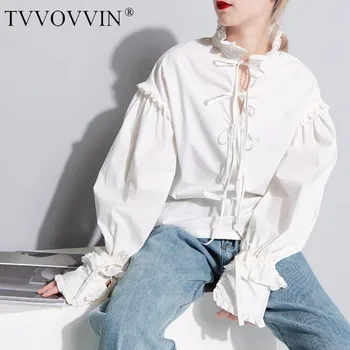 TVVOVVIN 2020 jeseni, pozimi novi Retro Čipke lacework lok-vozel polno povoj bela luč rokavi ženske majica ženska bluza Z059