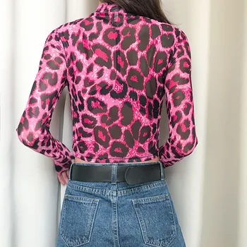 Leopard Natisniti Seksi Žensk Očesa T-shirt 2020 Lady Pregleden Turtleneck Dolgi rokav Tesen Roza Tshirt Kratko-dolžina Osnovne Slim Top