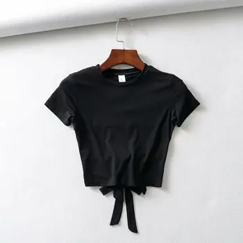 Vintage Poletnih vrh črna bela majica crop zgornji del ženske backless lok kravato votlih iz kratek rokav seksi tshirt ulične