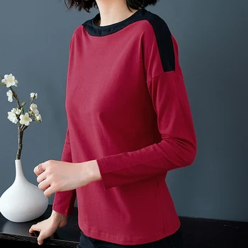 Shintimes 2019 Jeseni Plus Velikost Bluzo Žensk O-Vratu Oblačila korejski Mozaik Womens Vrhovi In Bluze z Dolgimi Rokavi Camisas Mujer