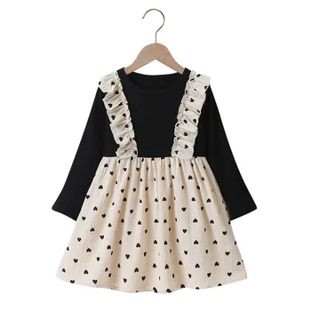 Jeseni, Pozimi 2020 Nova Dekleta Obleko z Dolgimi Rokavi Tiskanja Srce Mozaik O Vratu Cute Sweet Baby Dekleta Vestidos 2-6T