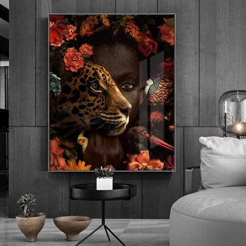 Afriške Umetnosti Črna Ženska Tiger Rose Ptica Oljna slika na Platnu Cuadros Plakatov in Fotografij Stenskih slikah, za Dnevna Soba Dekor