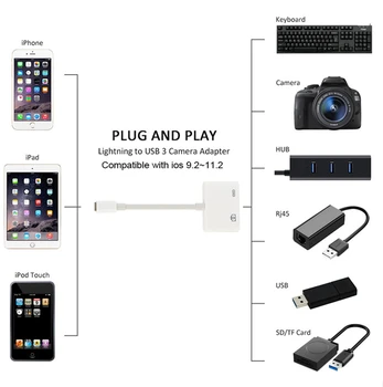 IOS Razsvetljavo cepilec za OTG USB 3 Kamera Bralec Ac Priključek Komplet za Sinhronizacijo Podatkov HUB Kabel Za iPhone X 8 7 6 6S Plus Za IPad