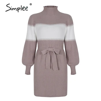 Simplee Moda trak pleteno obleko Čipke prijetni visoko vratu sežgati rokav obleka Jeseni toplo priložnostne kratka ženska obleka 2020 nova