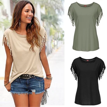 Poletje barva priložnostne moda kratka sleeved krog vratu tassel vozlane T-shirt ženska majica ženske